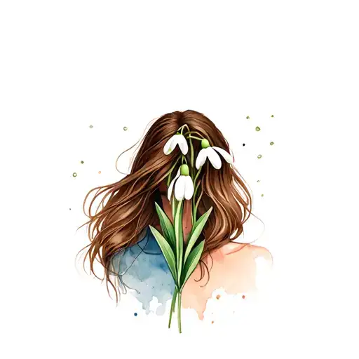 woman with long brown hair and open snowdrop flower on the head tattoo design idea