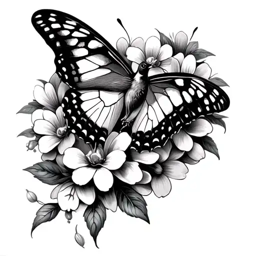 Butterfly with small robin on flowers tattoo design idea
