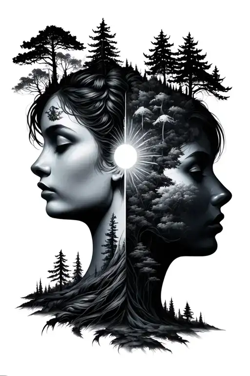 A beautiful female head from which a forest grows that is divided into a light and dark side symbolizes overthinking tattoo design idea