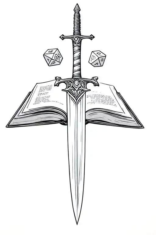book open with d20 dice and sword tattoo design idea