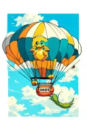 anthropomorphic coqui in a parachute with the number 2025 tattoo design idea