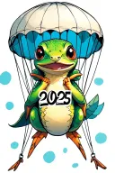 anthropomorphic coqui in a parachute with the number 2025 tattoo design idea