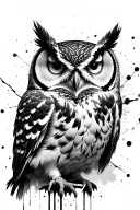 semi relistic owl portrait with ink splat effect over it - want hidden symbols semi colon, you decide, NEDA and half moo tattoo design idea