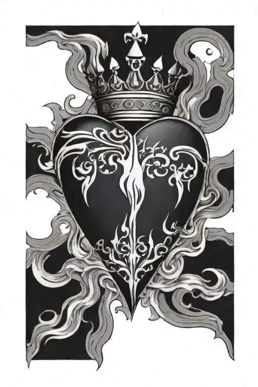 a heart with a crown of fire flames tattoo design idea