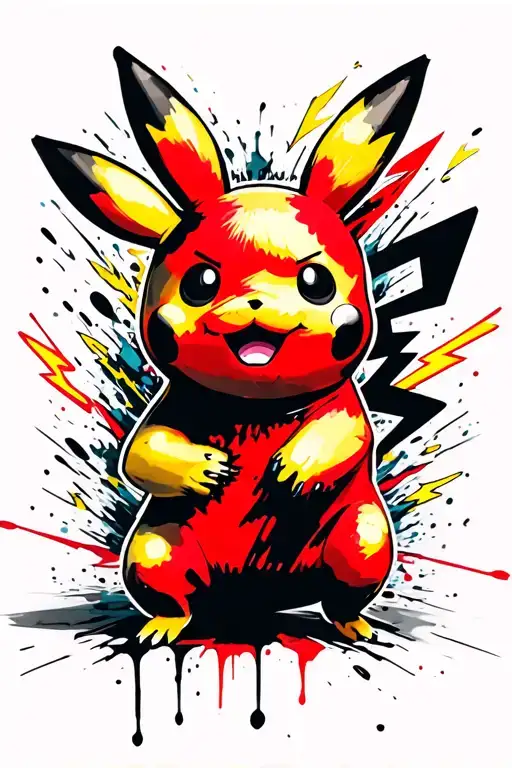 yellow trash polka pikachu running with lightning bolts striking tattoo design idea