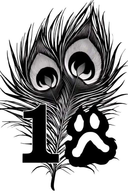 number 18  which should have a peacock feather to flute, thrishool of lord shiva and a dog paw and one piece anime tattoo design idea