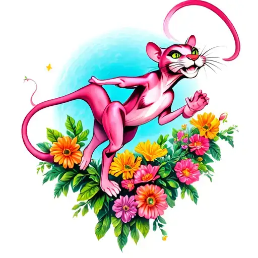 jumping pink panther with flowers growing tattoo design idea