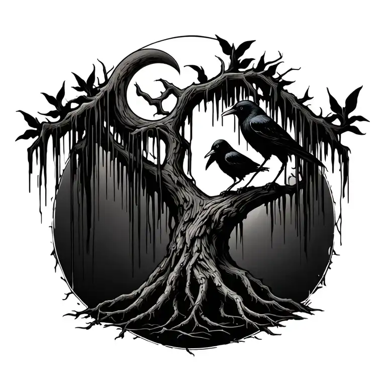 creepy weeping willow tree with moon and crow tattoo design idea