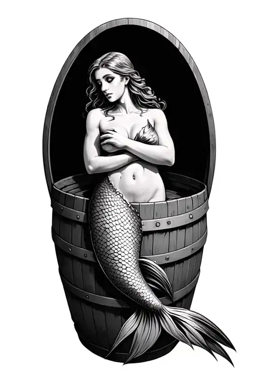 mermaid with elbows resting on a barrel  tattoo design idea