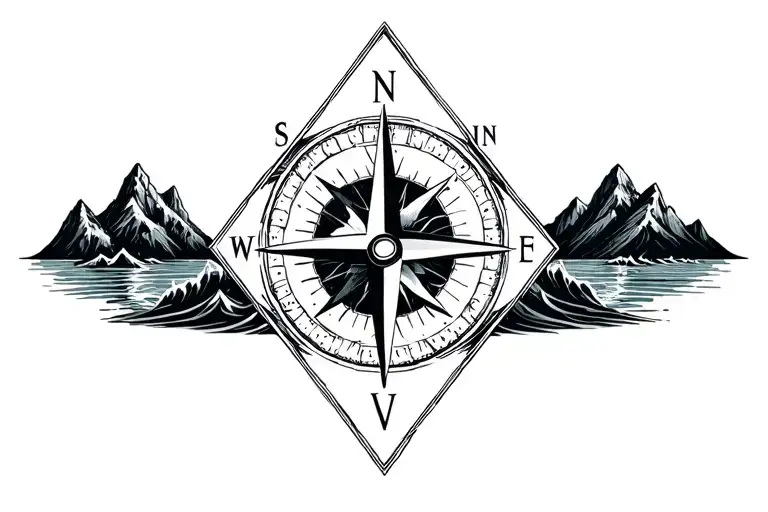 large compass surrounded by intricate geometric mountains, jungle and crashing waves, black and white, triangle frame tattoo design idea