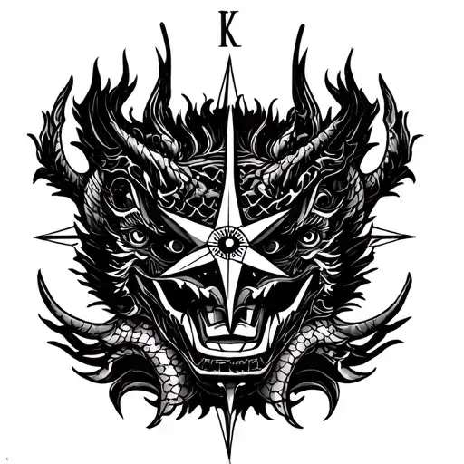 compass roses with Japanese dragon or oni mask tattoo design idea