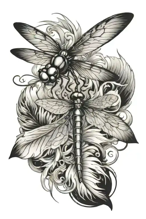 dragonfly hovering angel feather tattoo design idea