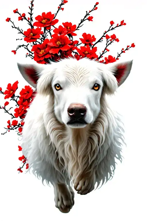 berger blanc suisse type Okami brand Red, vertical, fleet in the air, red flowers in the background tattoo design idea