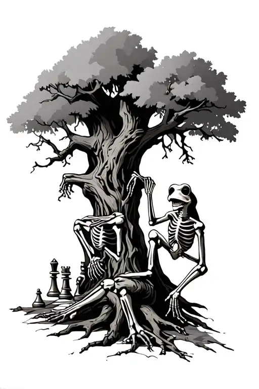 A gnarled tree with a skeleton and frog playing chess tattoo design idea