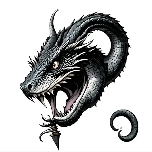basilisk type snake with a Dagger going through the top of its head with its mouth open in pain  tattoo design idea