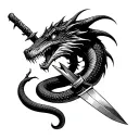basilisk type snake with a Dagger going through the top of its head with its mouth open in pain  tattoo design idea