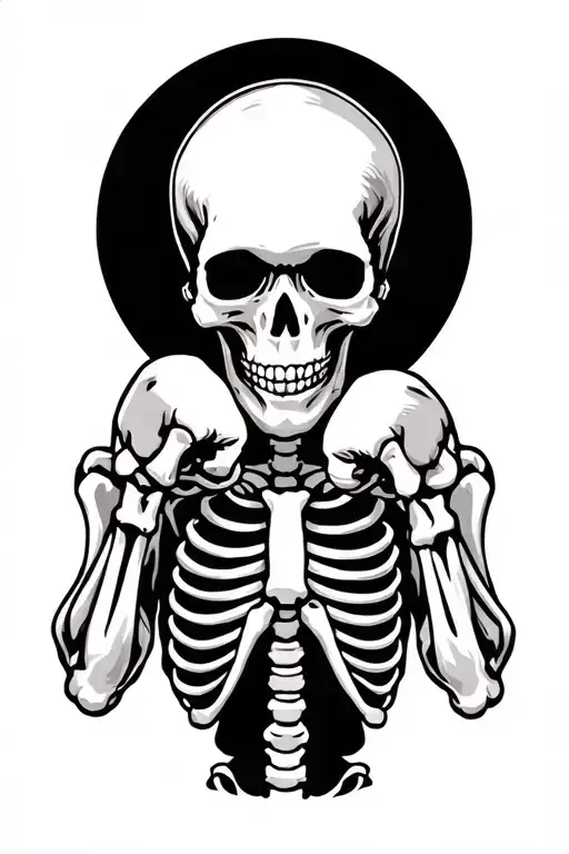 skeleton, in a boxing stance, detailed bones, with black shadows in the background  tattoo design idea