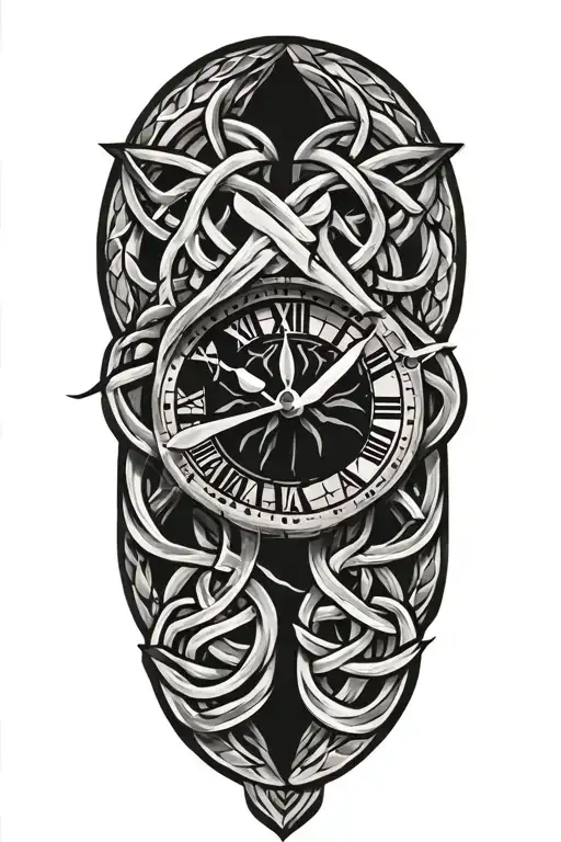 celtic tree of life in clock face surrounded by celtic knot tattoo design idea