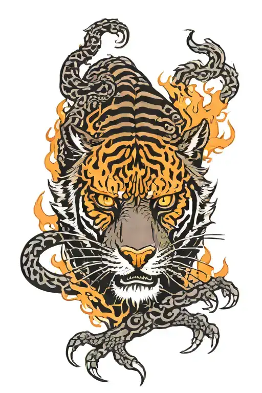 black tiger with demon head and flames tattoo design idea