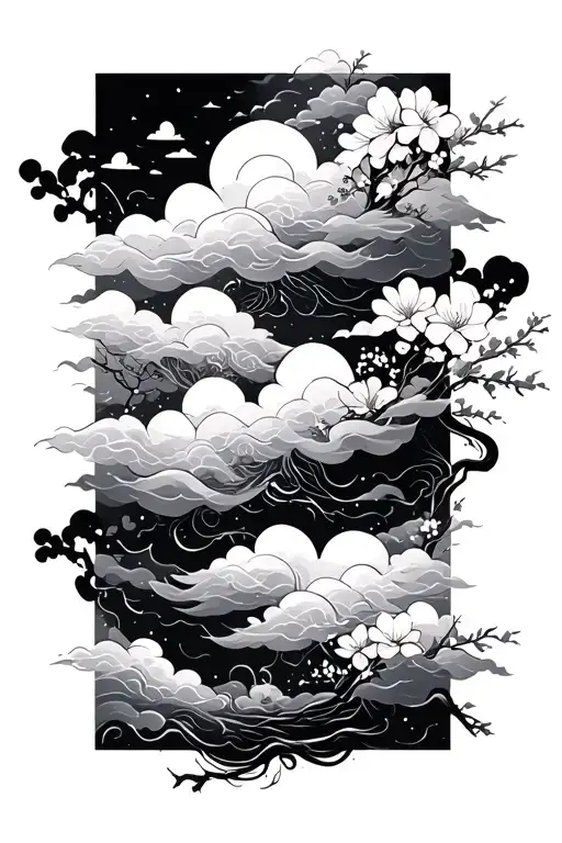 I really like the Japanese cloud sleeve style — the flowing clouds, a few cherry blossoms, that sense of movement — but  tattoo design idea