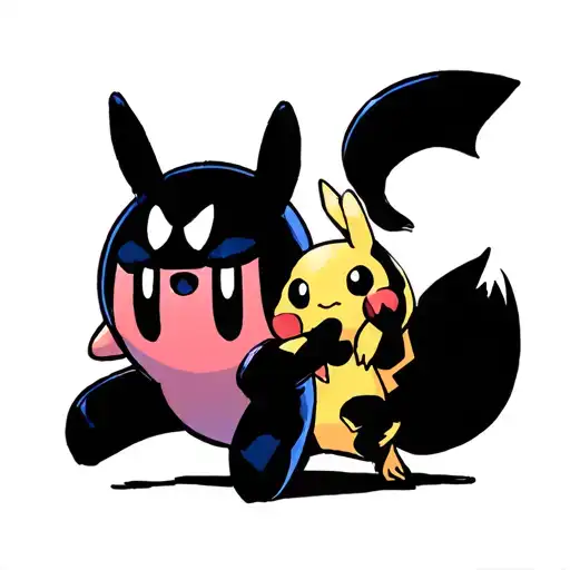 A dark comic/noir style battle scene of Kirby and Pikachu fighting a villainous squirrel. Heavy black shadows, dramatic  tattoo design idea