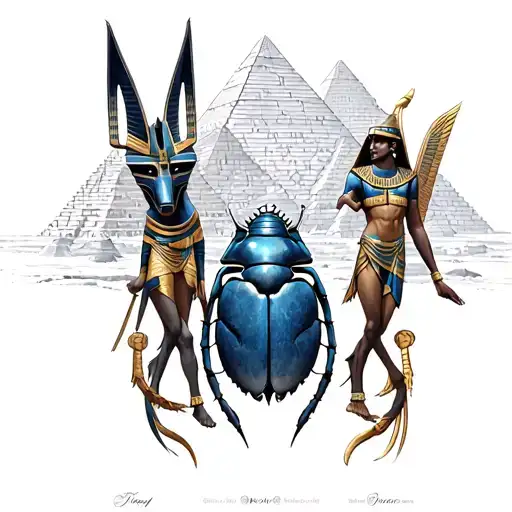 Anubis and Osiris for pectoral with the scarab below and the pyramids above tattoo design idea