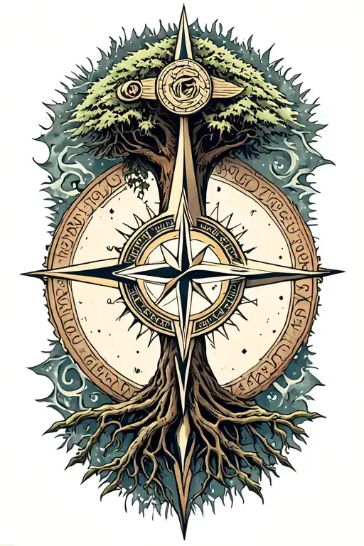 central Vegvisir (Viking compass) with tiny Yggdrasil at center tattoo design idea