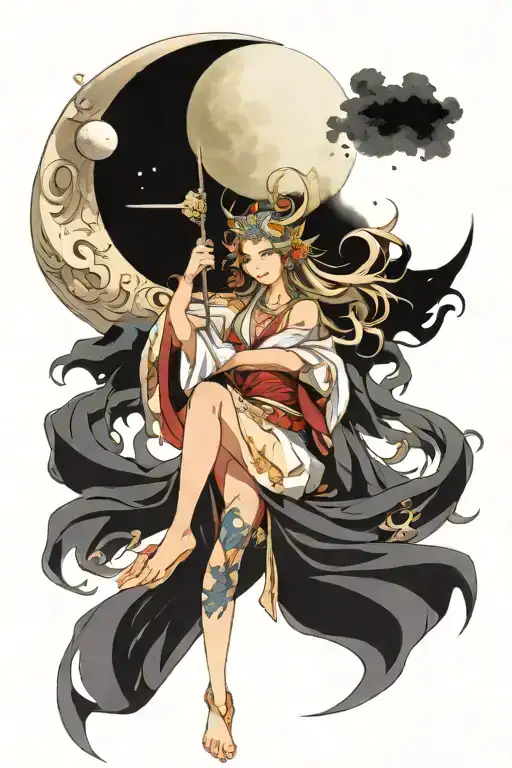 wisdom goddess full body standing flowing robe sexy moon tattoo design idea