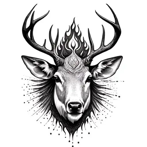 A cerf head seen from the front surrounded by the four elements (fire, water, earth, air) tattoo design idea