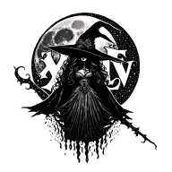 Witch bride Silhouette over a full moon and the letters XLV tattoo design idea