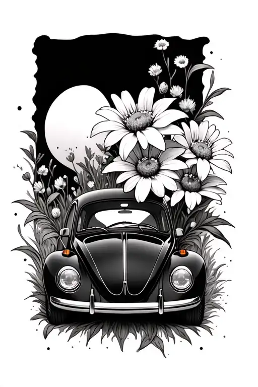 Vw Beetle hay mountain edelweiss flowers tattoo design idea