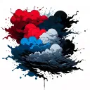 Two streams of clouds: on the left are red, with sharp outlines like Akatsuki, on the right are blue, with splash effect tattoo design idea