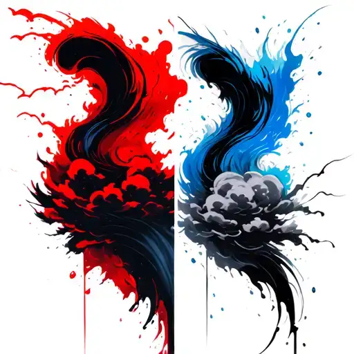Two streams of clouds: on the left are red, with sharp outlines like Akatsuki, on the right are blue, with splash effect tattoo design idea