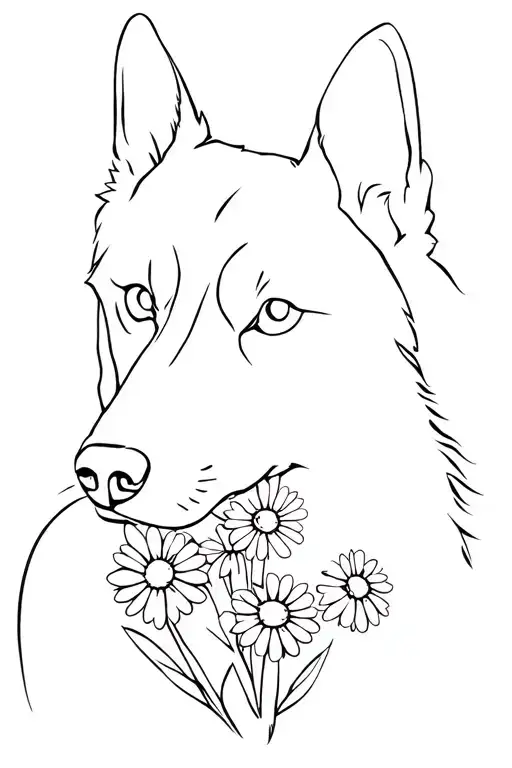 Siberian Husky outlined with daisies completely tattoo design idea