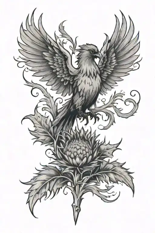 Scottish Thistle being held by a phoenix tattoo design idea