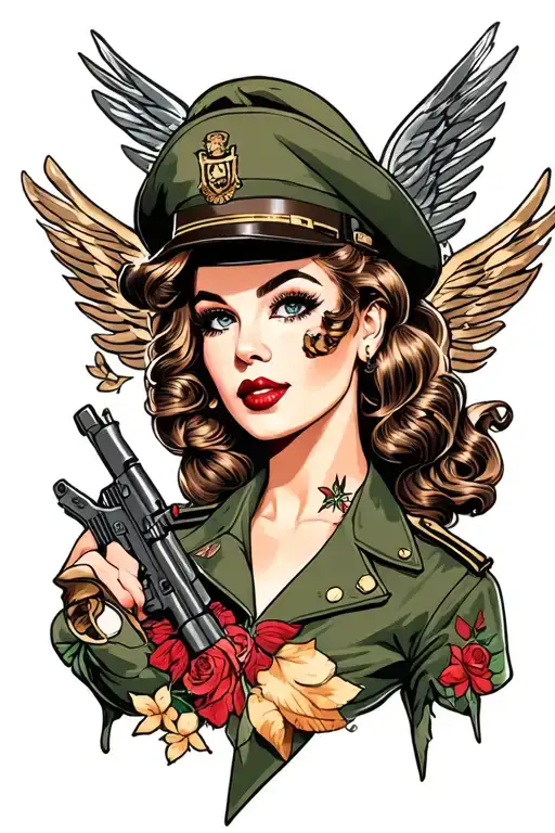 pin up girl us army uniform looking tattoo design idea