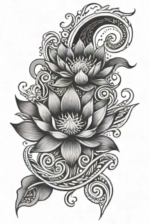 Wave, moon, sun, lotus, symmetrical, floral tattoo design idea