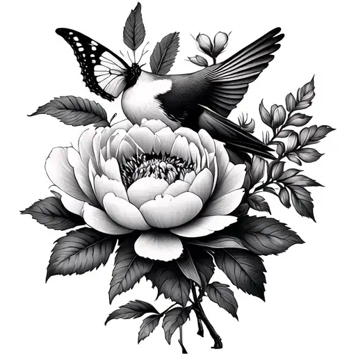 can you make a concept style tattoo with these things combined: a lark bird, a peony, and a butterflybush. tattoo design idea