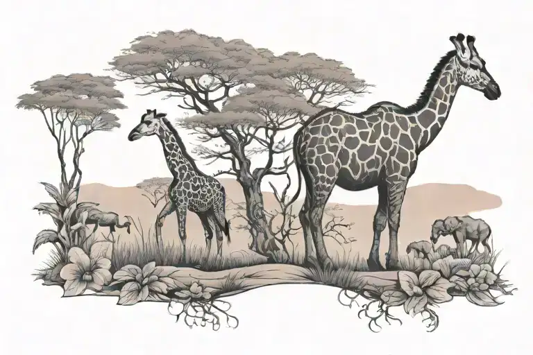 safari. sunset. small giraffe and elephant tattoo design idea