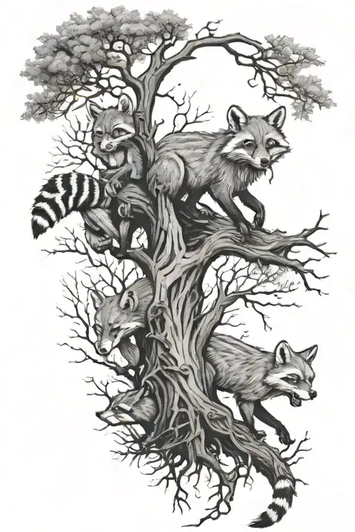 Foxes and Raccoons chasing around a tree growing tattoo design idea