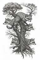Foxes and Raccoons chasing around a tree growing tattoo design idea