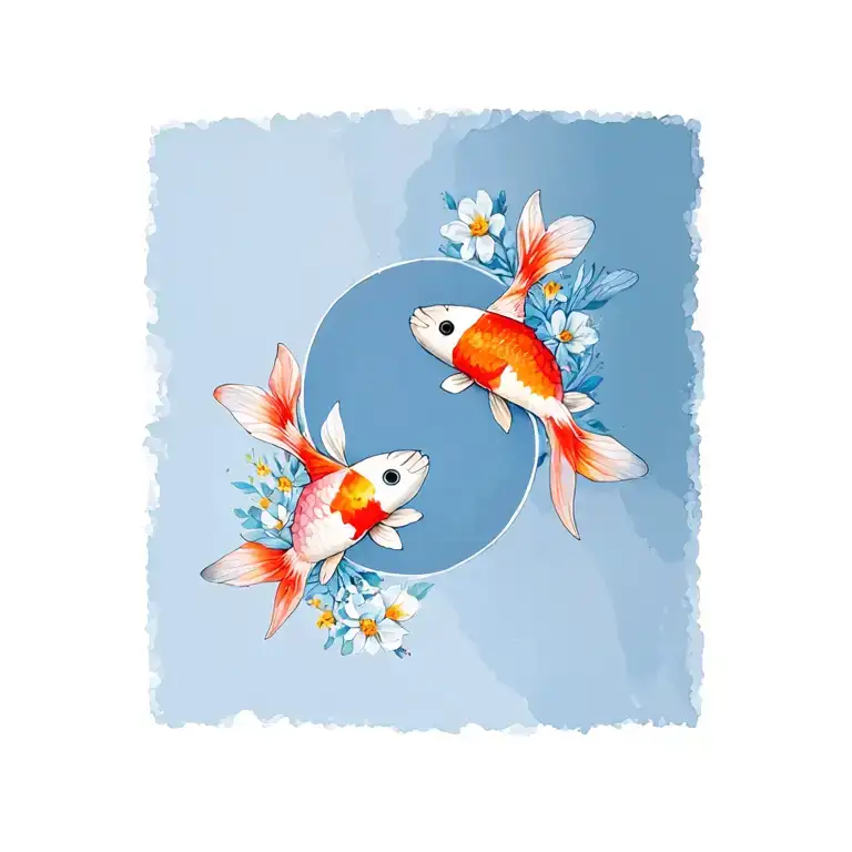 butterfly koi surrounded in birth flowers for the birth months April, August and November. yin yang dot on its head tattoo design idea