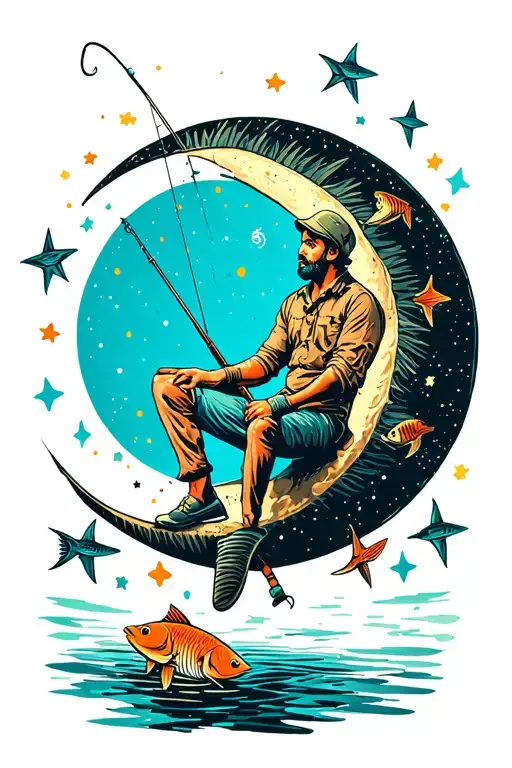 man sitting on crescent moon with fishing pole surrounded by fish and stars tattoo design idea