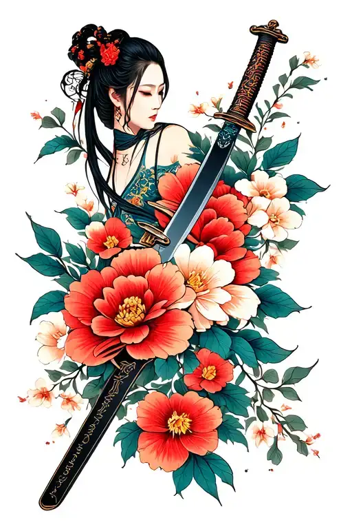katana surrounded by flowers tattoo design idea