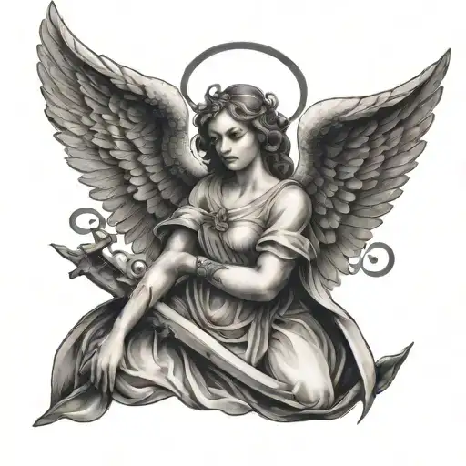 biblically accurate seraph angel with six wings in black and white outline tattoo design idea