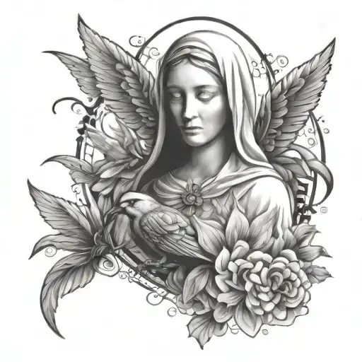 virgin mary, bee and firebird tattoo design idea