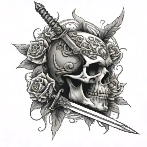 skull, roses, sword and phoenix rising tattoo design idea