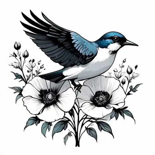 swallow bird flying with a poppy flowers tattoo design idea
