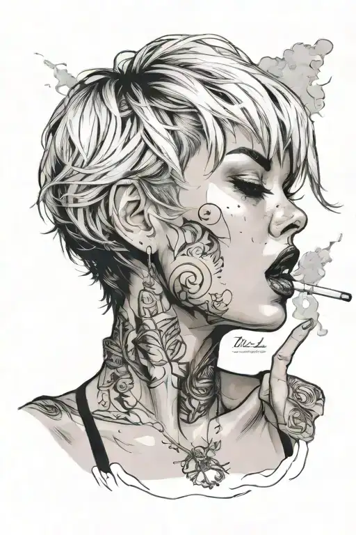 Sexy girl, Huge cleavage, petite, torn clothing, short white bob hairstyle, smoking a cigarette in mouth, side view tattoo design idea