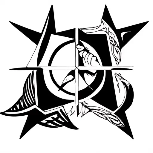 Make me a pentagon star, Integrate into the star a half moon, a horn an a fist shapped hand tattoo design idea